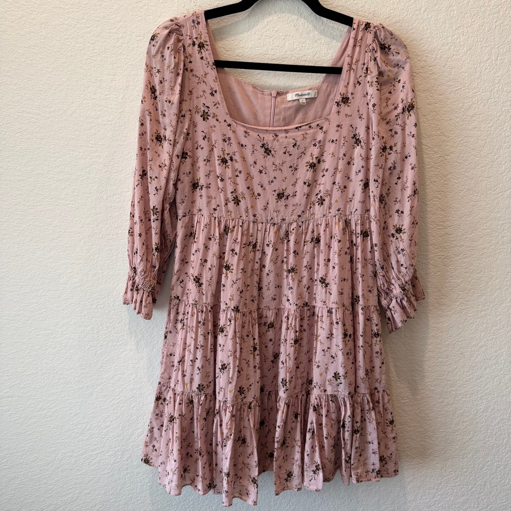 Madewell Pink Floral Tiered Mini Dress Square Neck Long Sleeve Babydoll Size 2